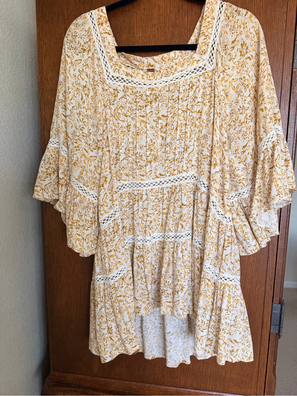 Free People Cream and Mustard Floral Lace-Trim Tunic